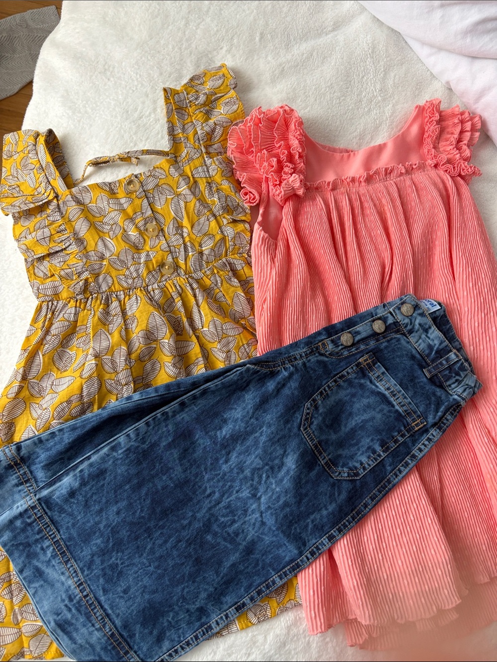 Mayoral Yellow Leaf Print Dress & Pink Ruffled Dress with Denim Pants